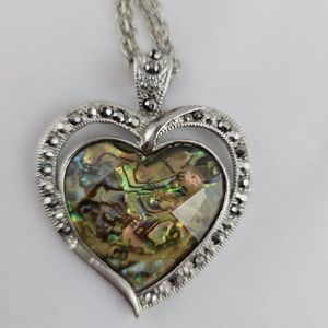 ❤️Abalone Heart Necklace Silver Tone Faceted Long Chain Valentine's Day Gift